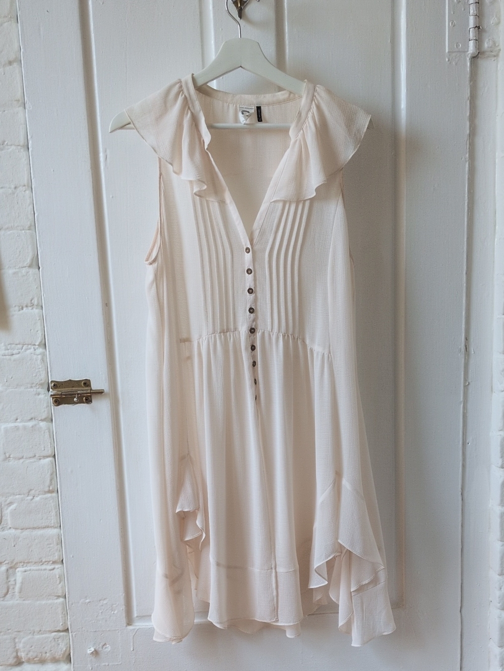 Anthropologie Cream Ruffle-Trim Sleeveless Button-Front Mini Dress